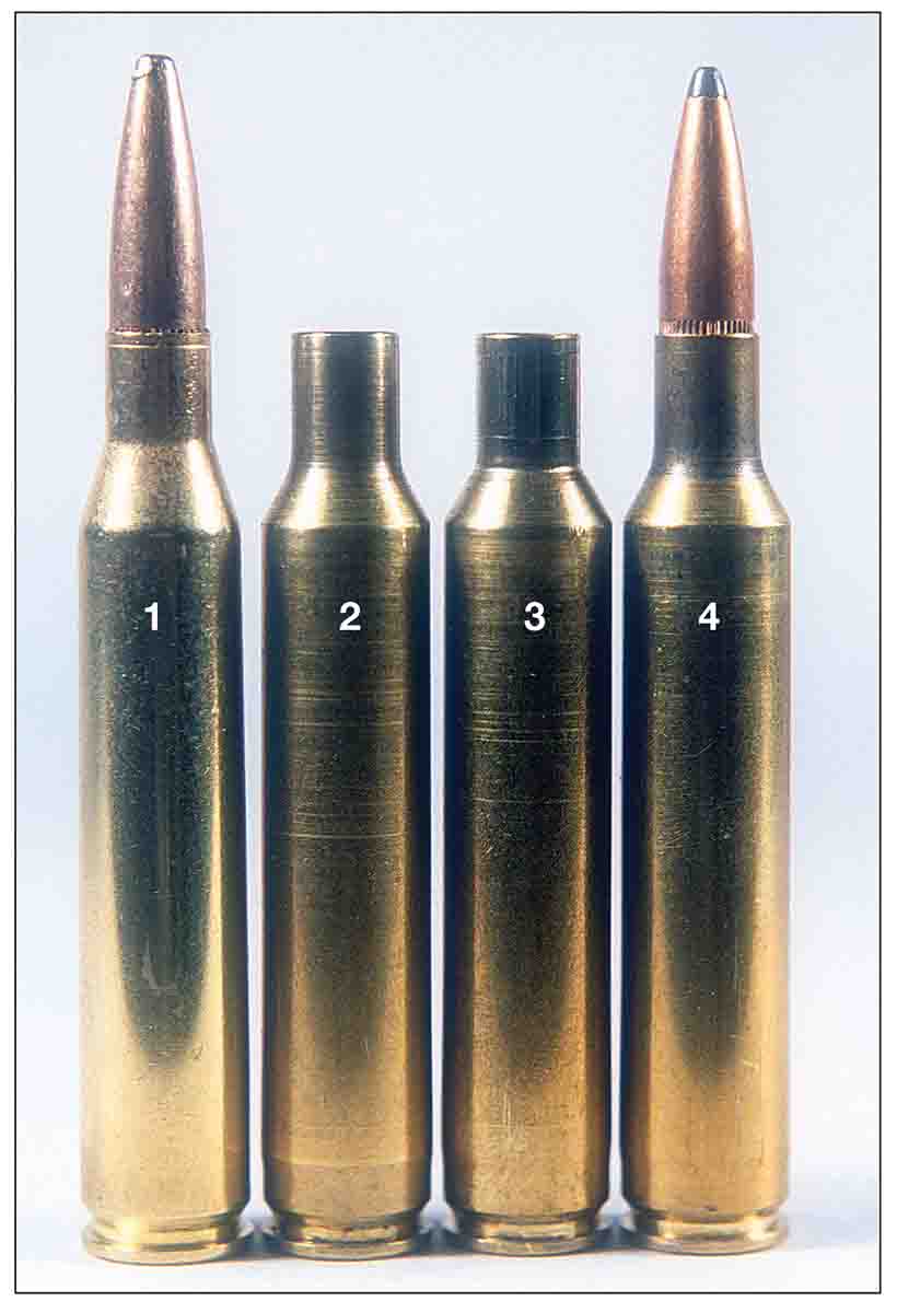 (1) A .25-06 Remington factory load, (2) a case after being fired in the chamber, (3) a fired case after neck sizing and (4) a loaded .25-06 Ackley Improved cartridge.